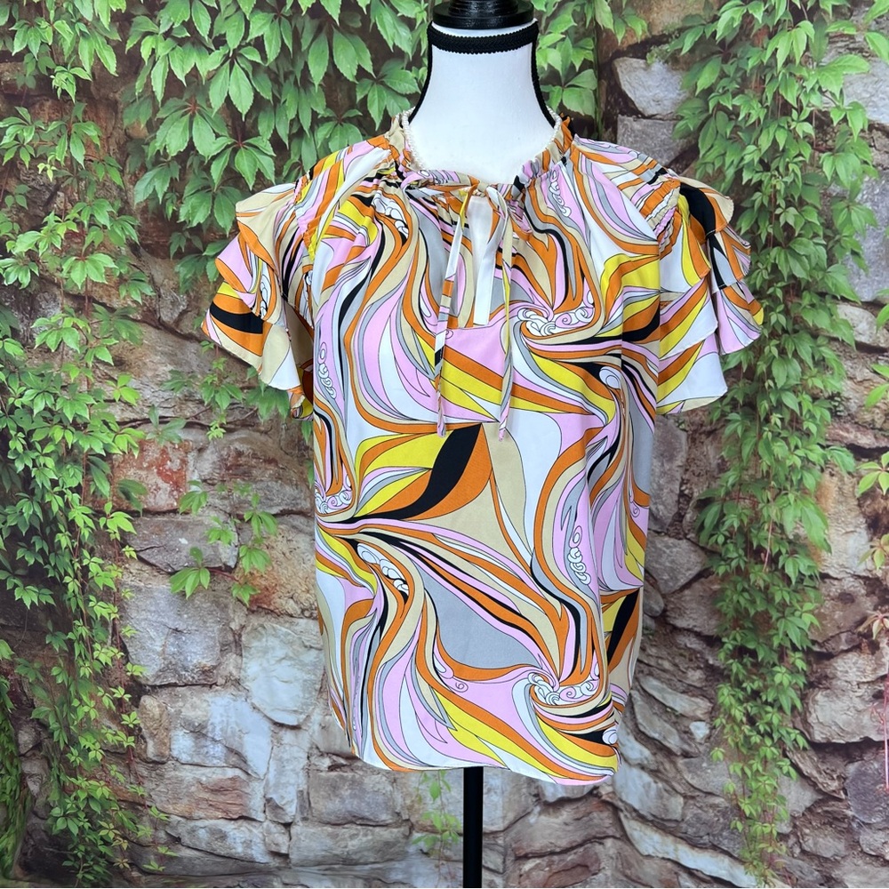 BEFORE YOU WITH LOVE Retro 60s Pattern Multicolor Ruffle Sleeve Blouse, S - Picture 4 of 10